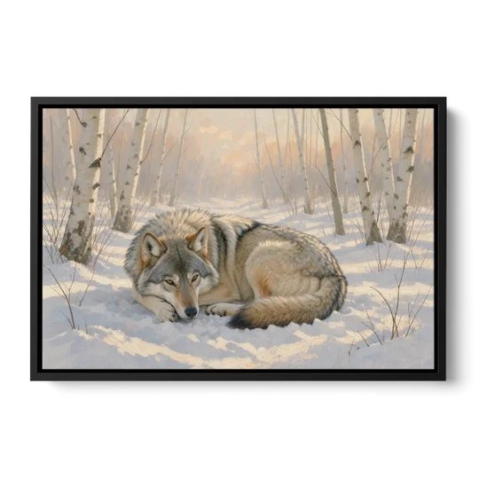 Wolf in Snow Painting Among the Birches - Black Framed Canvas Wall Art - Front