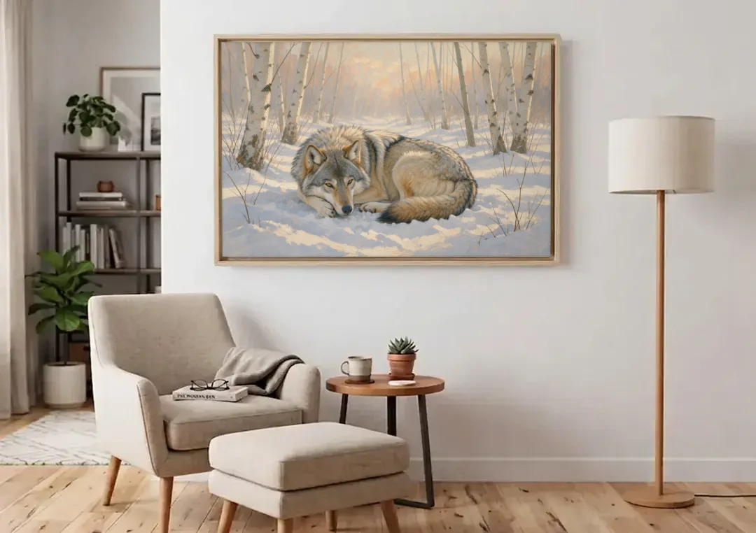 Wolf in Snow Painting Among the Birches canvas wall art above an armchair in a bright living room