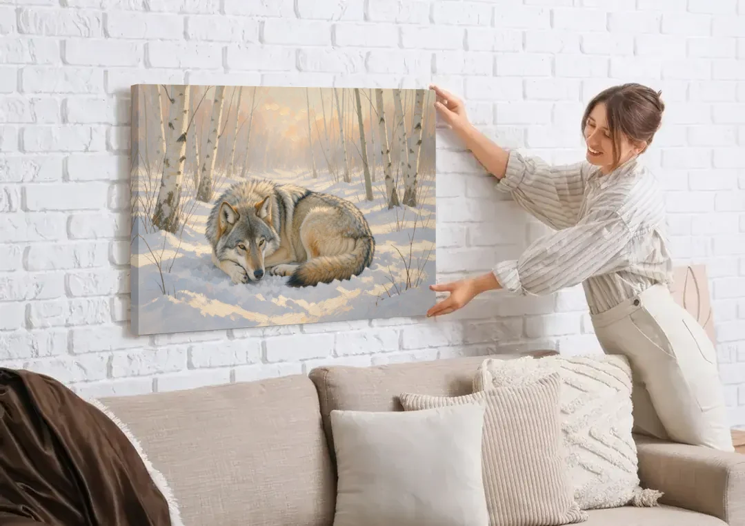 Wolf in Snow Painting Among the Birches canvas wall art being hung on a white brick wall above a sofa