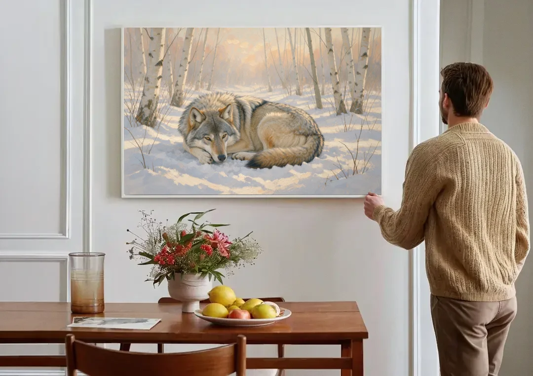 Wolf in Snow Painting Among the Birches canvas wall art above a dining table