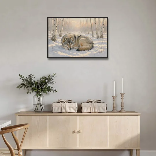 Wolf in Snow Painting Among the Birches - Black Framed Canvas Wall Art - Coffee Table - 36x24