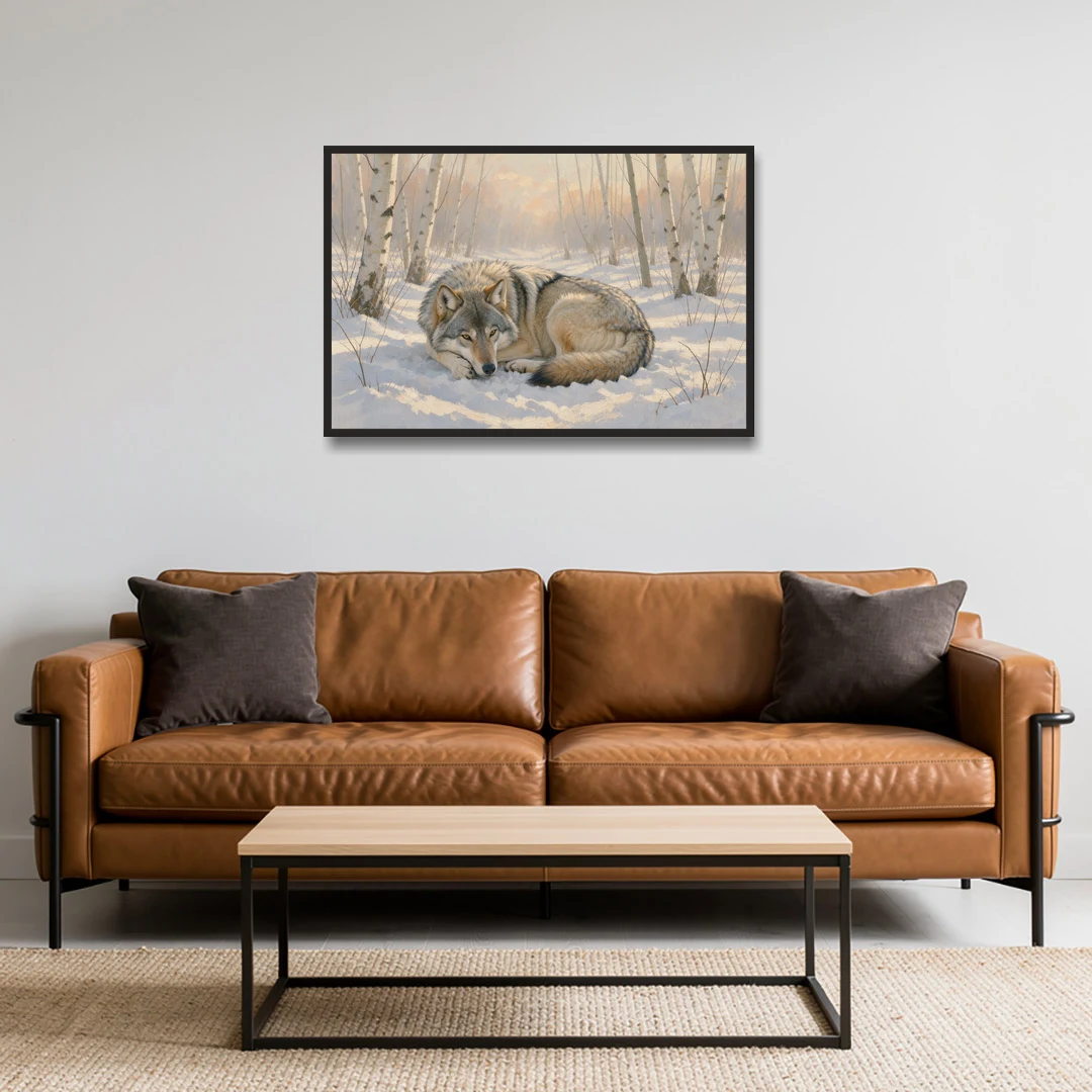 Wolf in Snow Painting Among the Birches - Black Framed Canvas Wall Art - Sofa - 36x24