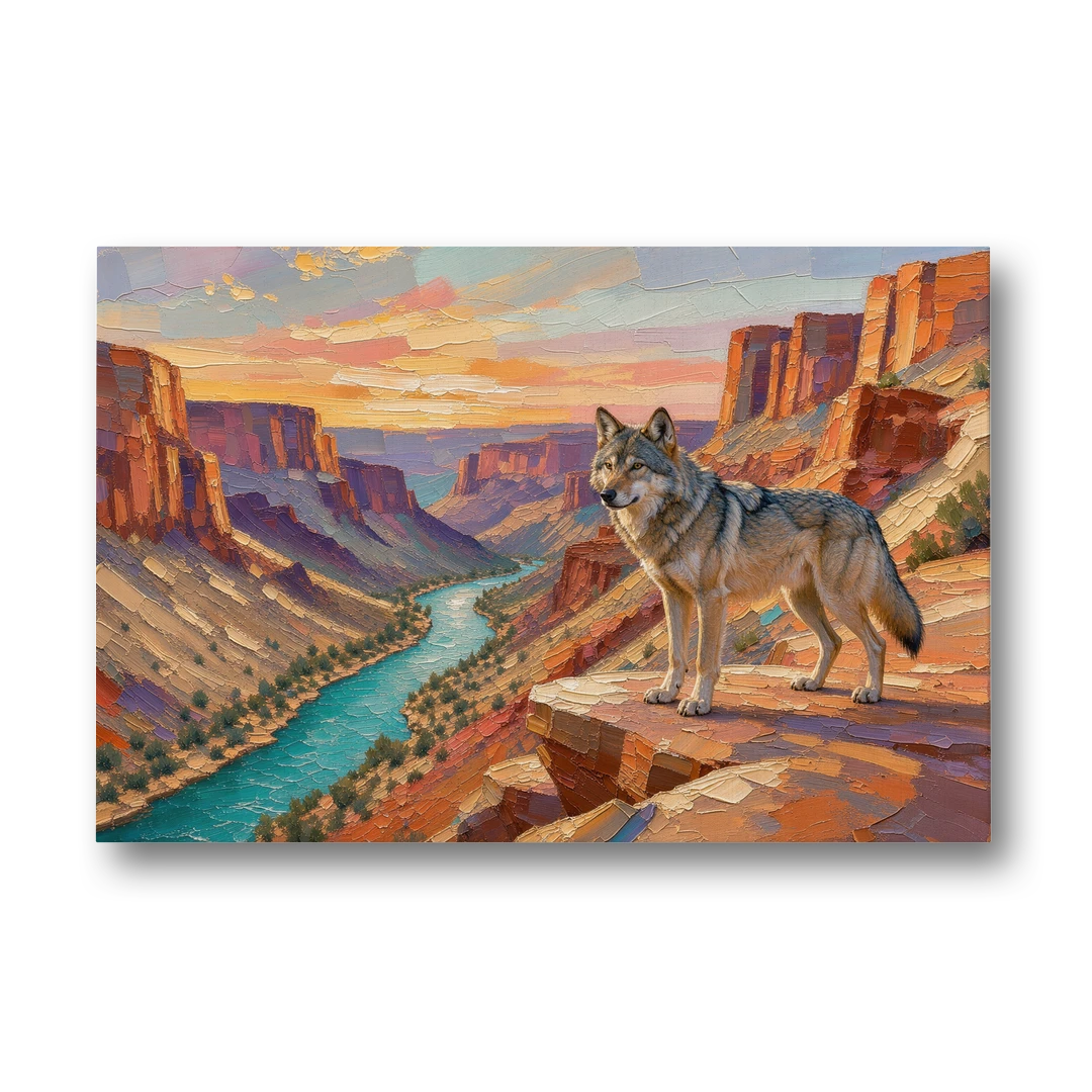 Wolf Landscape Painting Above the Canyon River - Canvas Wall Art - Front