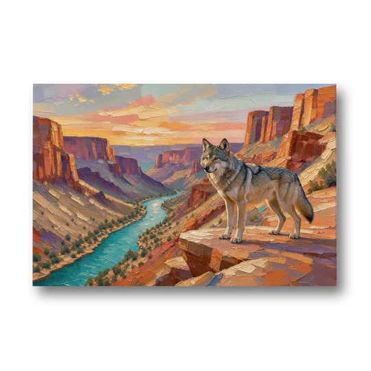 Wolf Landscape Painting Above the Canyon River - Canvas Wall Art - Front