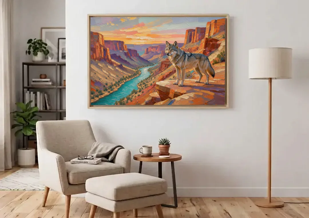 Wolf Landscape Painting Above the Canyon River canvas wall art above an armchair in a bright living room
