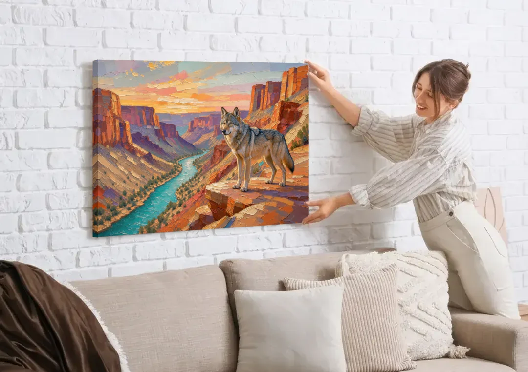 Wolf Landscape Painting Above the Canyon River canvas wall art being hung on a white brick wall above a sofa