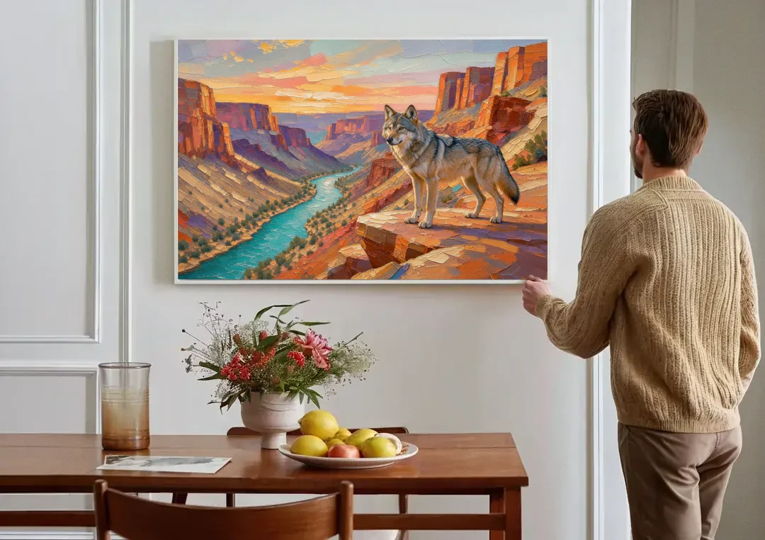 Wolf Landscape Painting Above the Canyon River canvas wall art above a dining table
