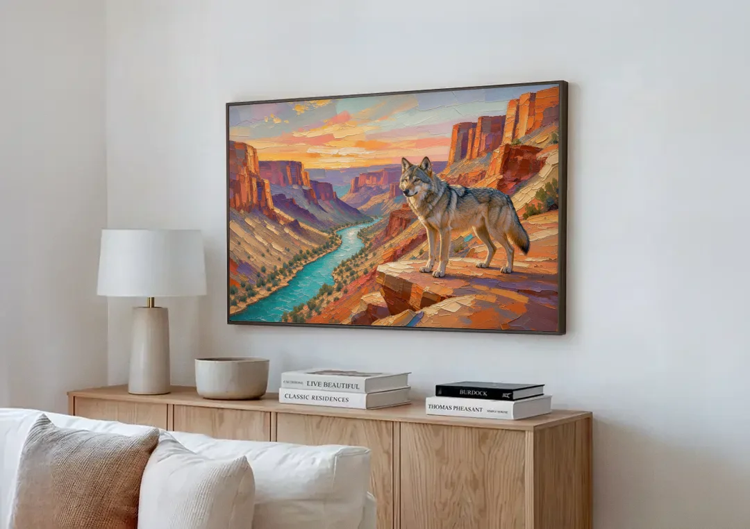 Wolf Landscape Painting Above the Canyon River canvas wall art above a wooden sideboard next to a sofa