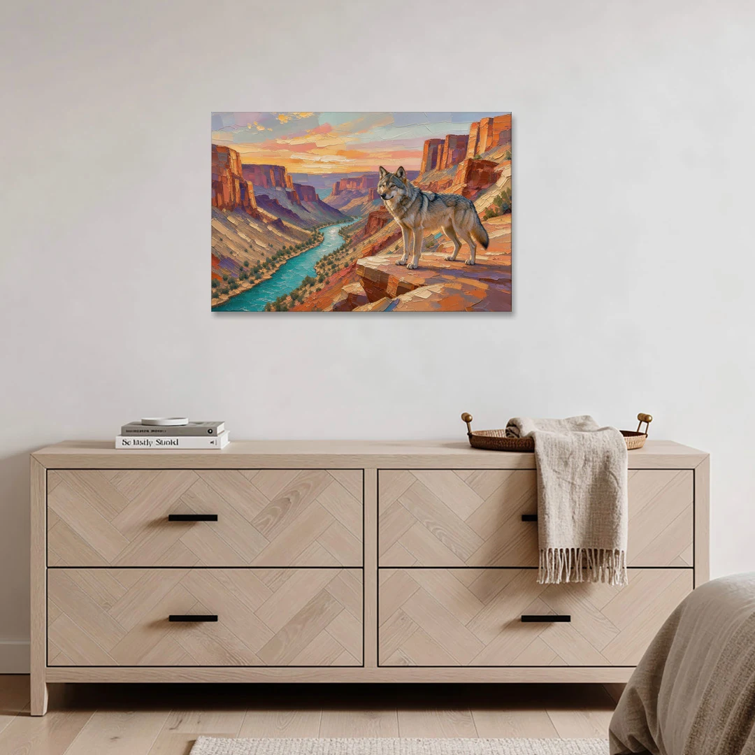 Wolf Landscape Painting Above the Canyon River - Canvas Wall Art - Coffee Table - 36x24