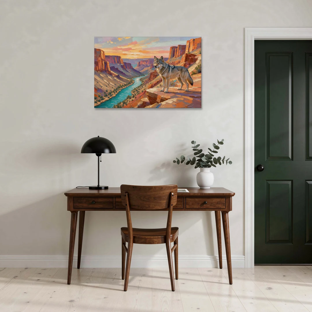 Wolf Landscape Painting Above the Canyon River - Canvas Wall Art - Office - 36x24