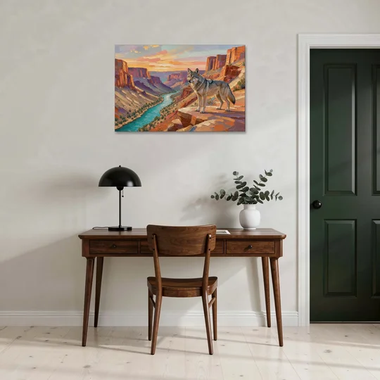 Wolf Landscape Painting Above the Canyon River - Canvas Wall Art - Office - 36x24