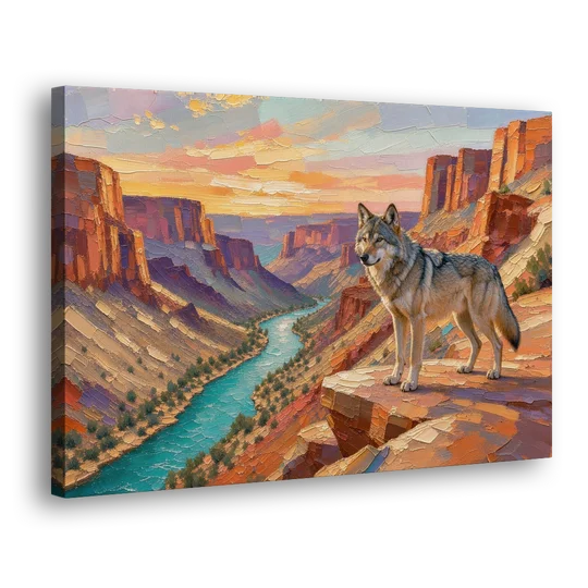 Wolf Landscape Painting Above the Canyon River - Canvas Wall Art - Side