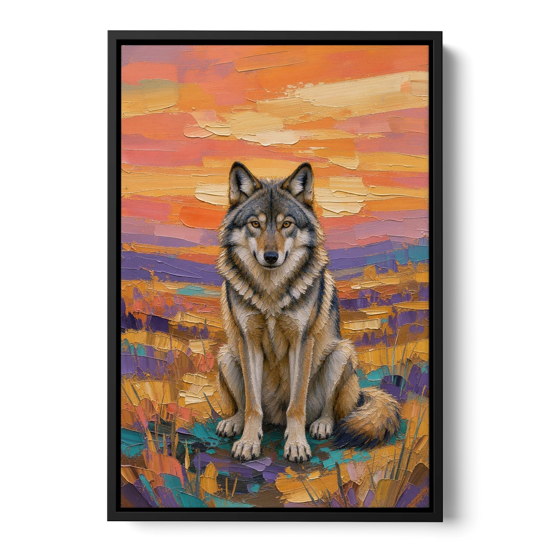 Wolf Oil Painting in Sunset Meadow - Black Framed Canvas Wall Art - Front