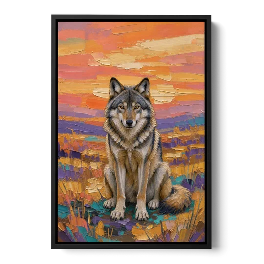 Wolf Oil Painting in Sunset Meadow - Black Framed Canvas Wall Art - Front