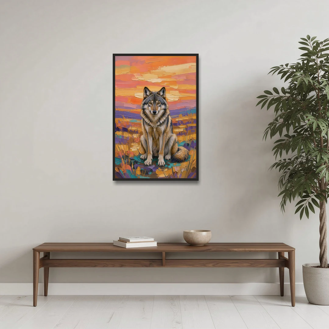 Wolf Oil Painting in Sunset Meadow - Black Framed Canvas Wall Art - Coffee Table - 24x36