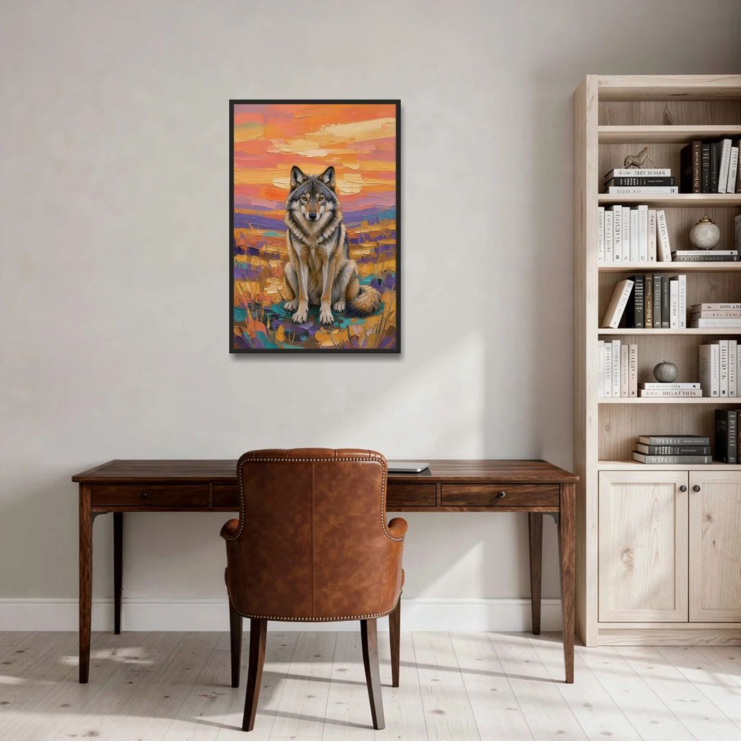 Wolf Oil Painting in Sunset Meadow - Black Framed Canvas Wall Art - Office - 24x36