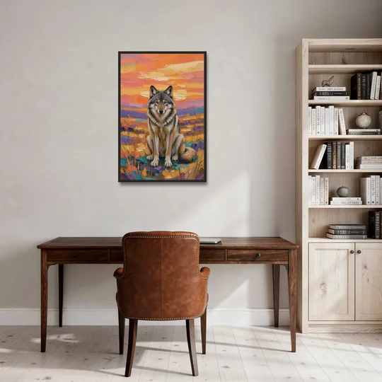 Wolf Oil Painting in Sunset Meadow - Black Framed Canvas Wall Art - Office - 24x36