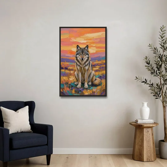 Wolf Oil Painting in Sunset Meadow - Black Framed Canvas Wall Art - Sofa - 24x36
