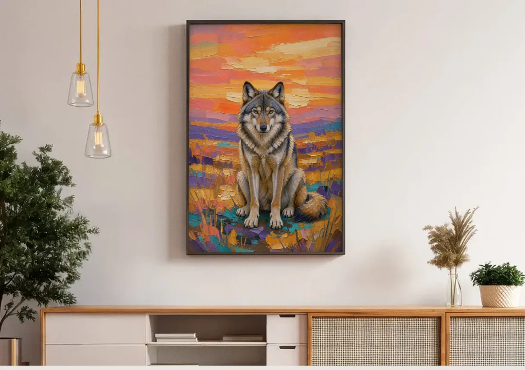 Wolf Oil Painting in Sunset Meadow canvas wall art above a wooden sideboard under pendant lights