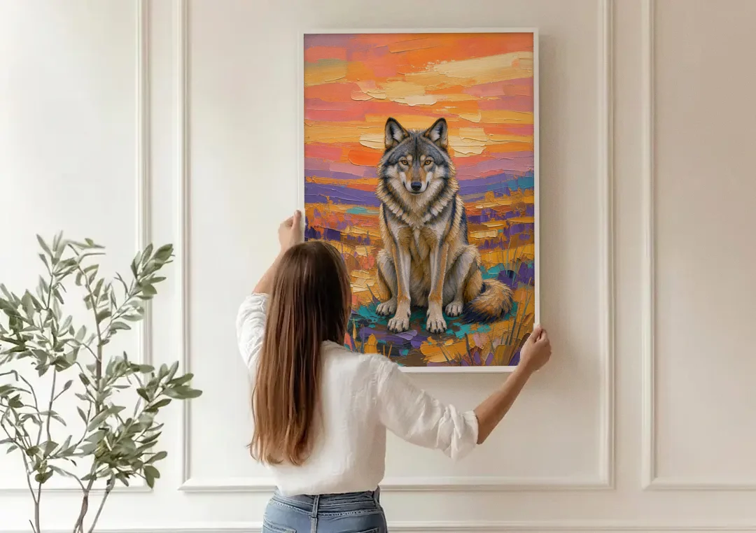 Wolf Oil Painting in Sunset Meadow canvas wall art being hung on a paneled wall