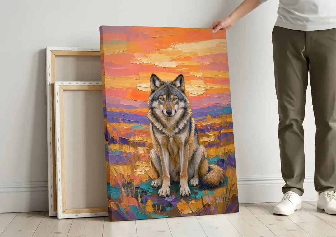 Wolf Oil Painting in Sunset Meadow canvas wall art leaning against a wall next to blank canvases
