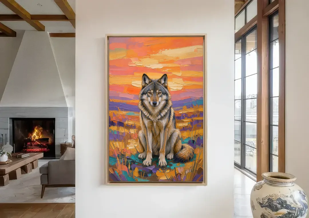 Wolf Oil Painting in Sunset Meadow canvas wall art in a living room with a fireplace