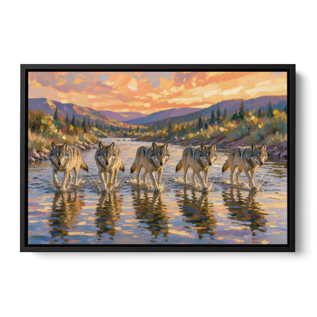 Wolf Pack Painting River Crossing at Sunset - Black Framed Canvas Wall Art - Front