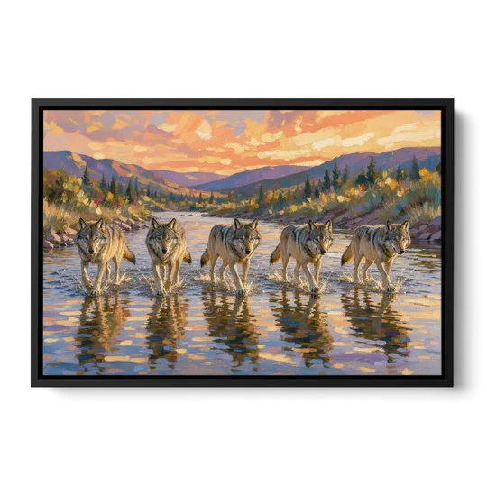 Wolf Pack Painting River Crossing at Sunset - Black Framed Canvas Wall Art - Front