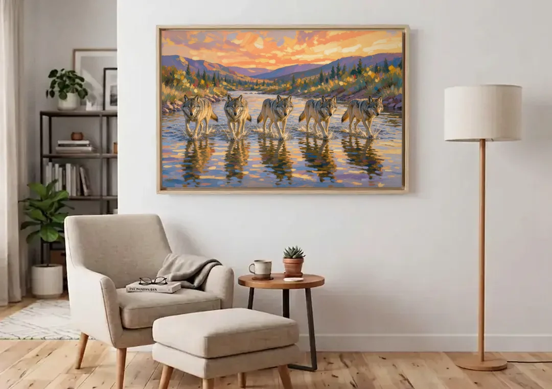 Wolf Pack Painting River Crossing at Sunset canvas wall art above an armchair in a bright living room