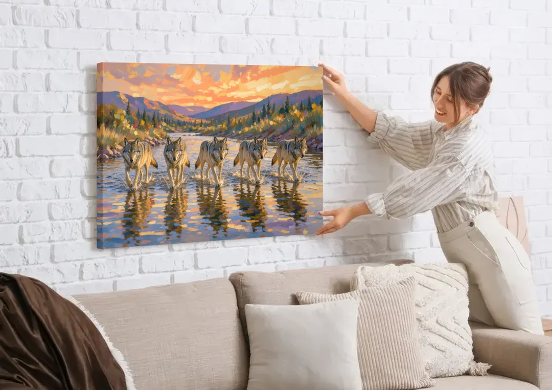 Wolf Pack Painting River Crossing at Sunset canvas wall art being hung on a white brick wall above a sofa