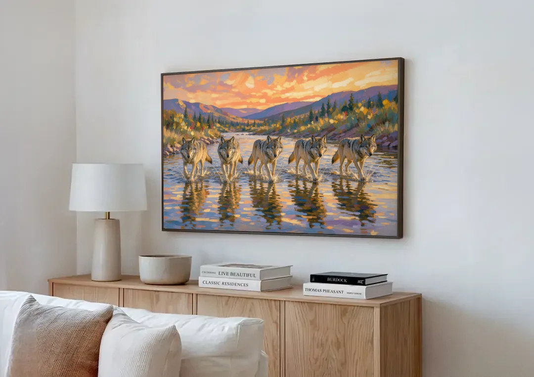 Wolf Pack Painting River Crossing at Sunset canvas wall art above a wooden sideboard next to a sofa
