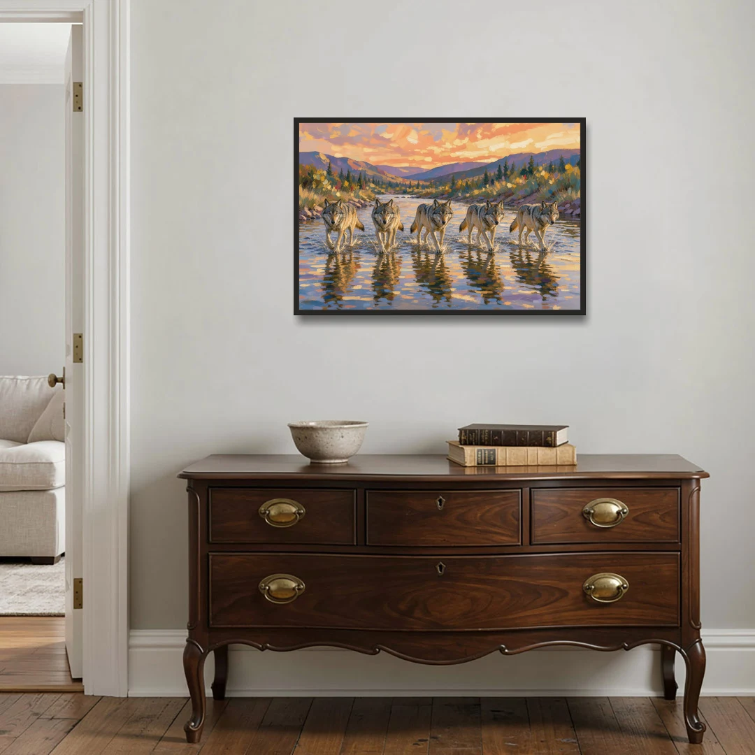 Wolf Pack Painting River Crossing at Sunset - Black Framed Canvas Wall Art - Coffee Table - 36x24