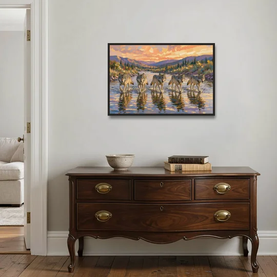 Wolf Pack Painting River Crossing at Sunset - Black Framed Canvas Wall Art - Coffee Table - 36x24