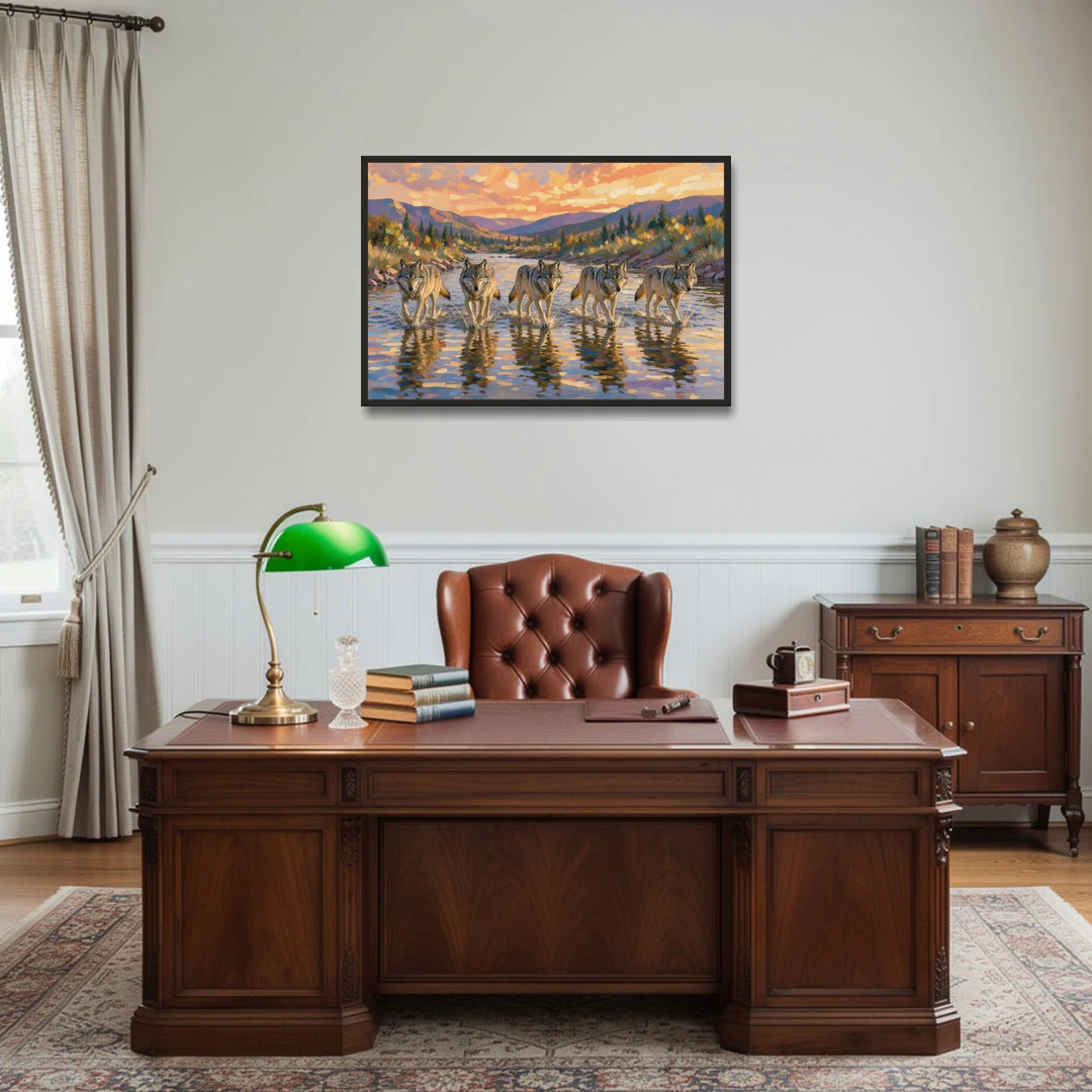 Wolf Pack Painting River Crossing at Sunset - Black Framed Canvas Wall Art - Office - 36x24