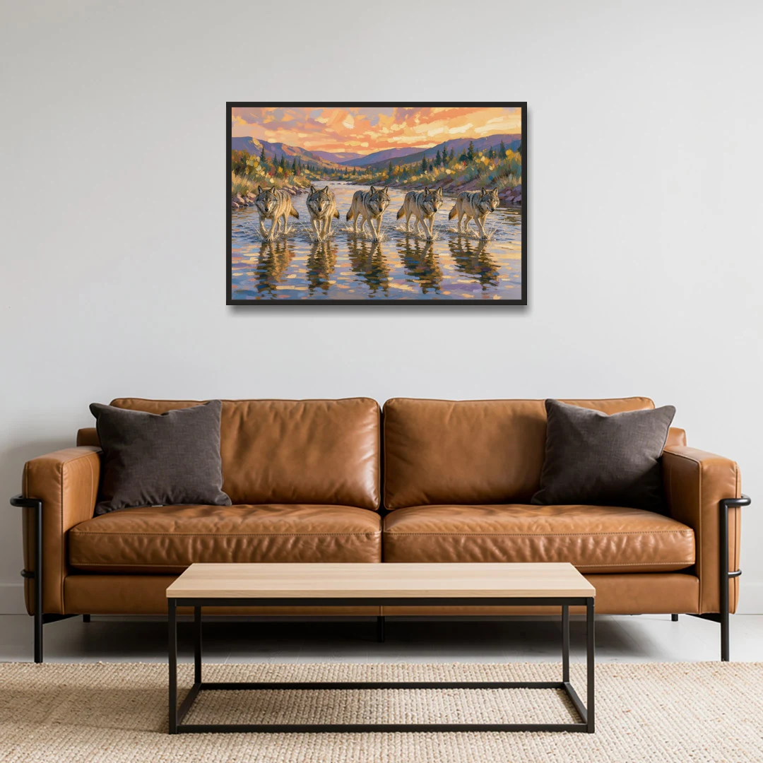 Wolf Pack Painting River Crossing at Sunset - Black Framed Canvas Wall Art - Sofa - 36x24