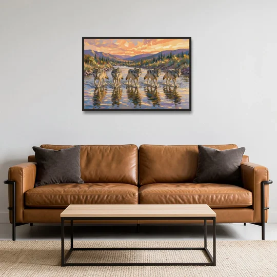 Wolf Pack Painting River Crossing at Sunset - Black Framed Canvas Wall Art - Sofa - 36x24