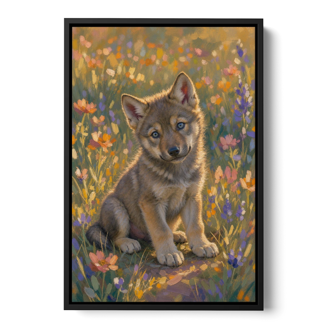 Wolf Pup Painting with a Curious Tilt - Black Framed Canvas Wall Art - Front