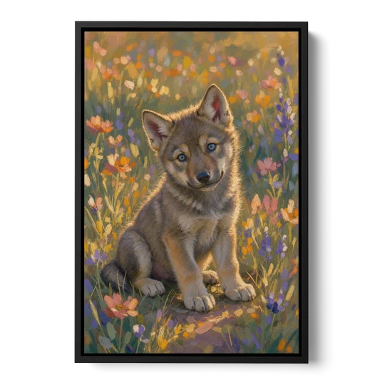 Wolf Pup Painting with a Curious Tilt - Black Framed Canvas Wall Art - Front