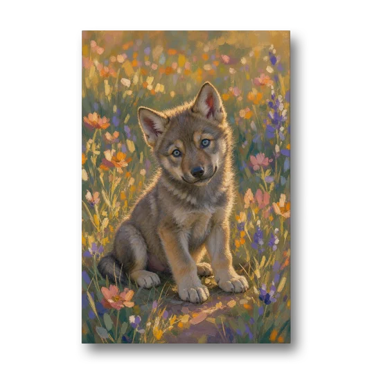 Wolf Pup Painting with a Curious Tilt - Canvas Wall Art - Front