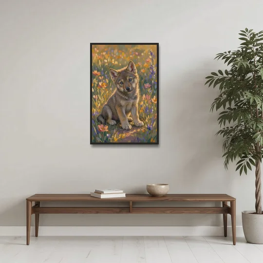 Wolf Pup Painting with a Curious Tilt - Black Framed Canvas Wall Art - Coffee Table - 24x36