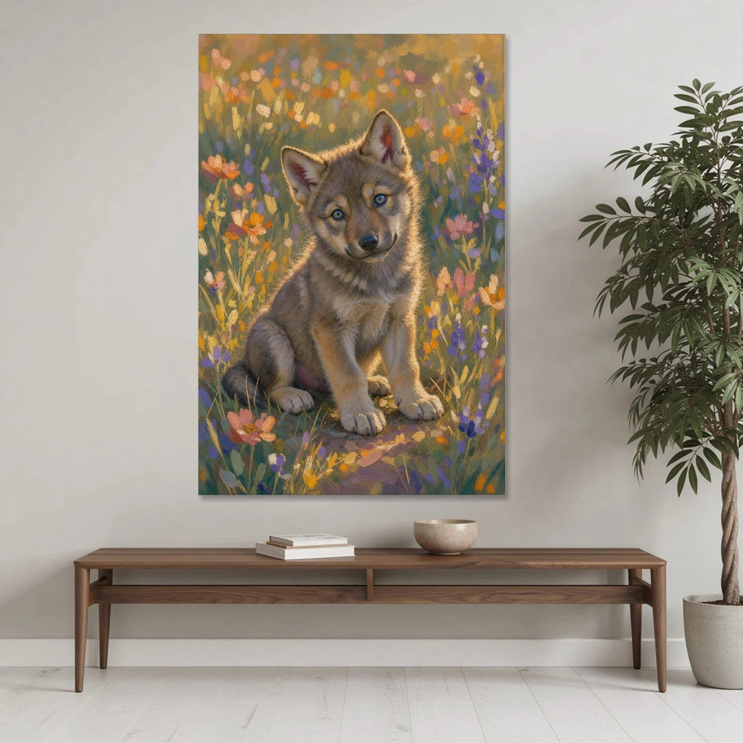 Wolf Pup Painting with a Curious Tilt - Canvas Wall Art - Coffee Table - 40x60