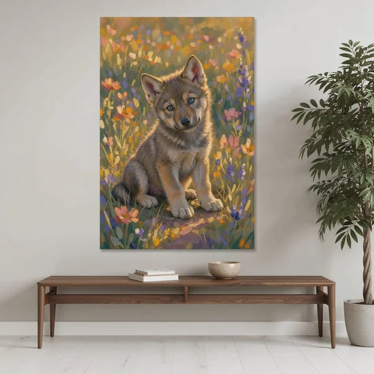 Wolf Pup Painting with a Curious Tilt - Canvas Wall Art - Coffee Table - 40x60