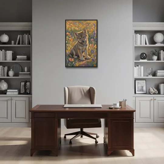 Wolf Pup Painting with a Curious Tilt - Black Framed Canvas Wall Art - Office - 24x36