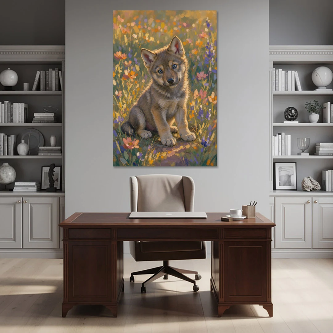 Wolf Pup Painting with a Curious Tilt - Canvas Wall Art - Office - 40x60