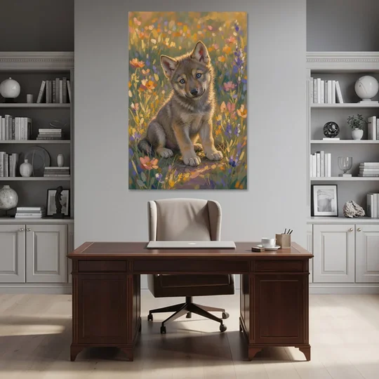 Wolf Pup Painting with a Curious Tilt - Canvas Wall Art - Office - 40x60