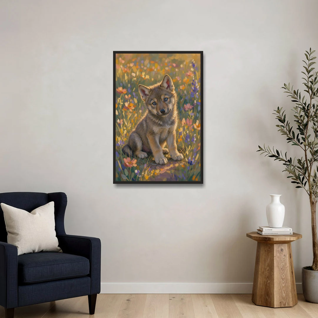 Wolf Pup Painting with a Curious Tilt - Black Framed Canvas Wall Art - Sofa - 24x36
