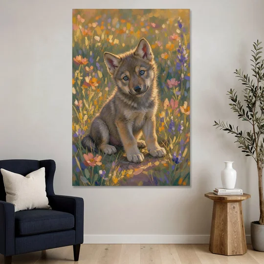 Wolf Pup Painting with a Curious Tilt - Canvas Wall Art - Sofa - 40x60
