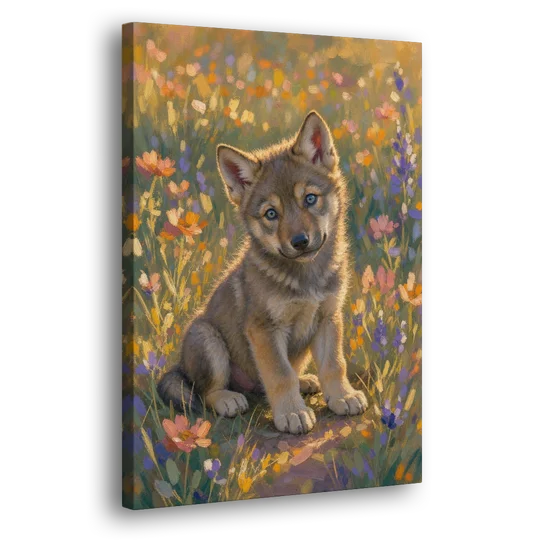 Wolf Pup Painting with a Curious Tilt - Canvas Wall Art - Side