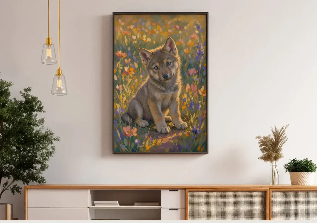 Wolf Pup Painting with a Curious Tilt canvas wall art above a wooden sideboard under pendant lights