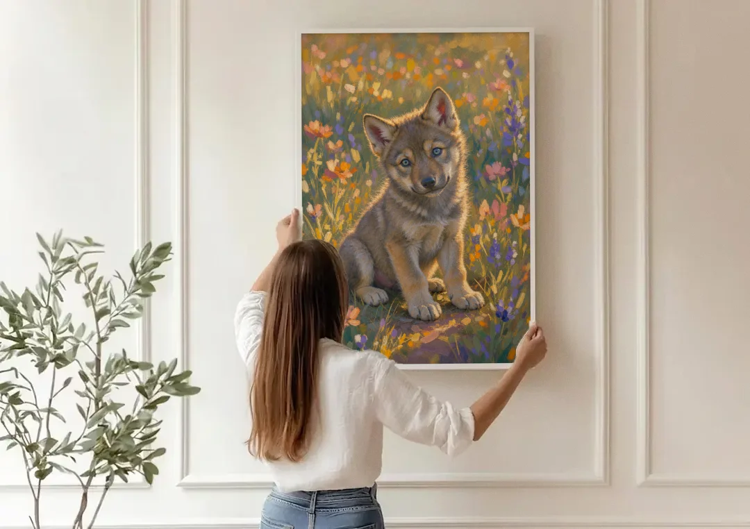 Wolf Pup Painting with a Curious Tilt canvas wall art being hung on a paneled wall